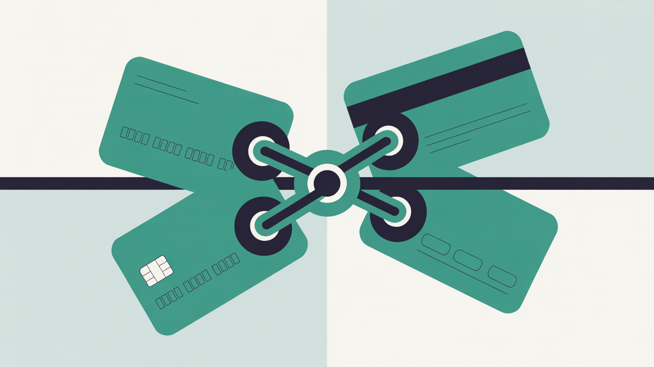 Abstract flat illustration showing payment card shapes and circular connectors flowing together in teal on warm grey