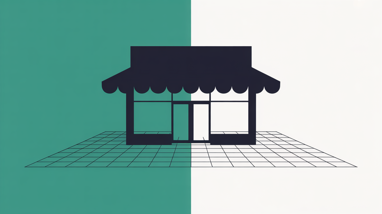 Flat illustration of a storefront silhouette blending into a digital grid pattern in teal on warm grey