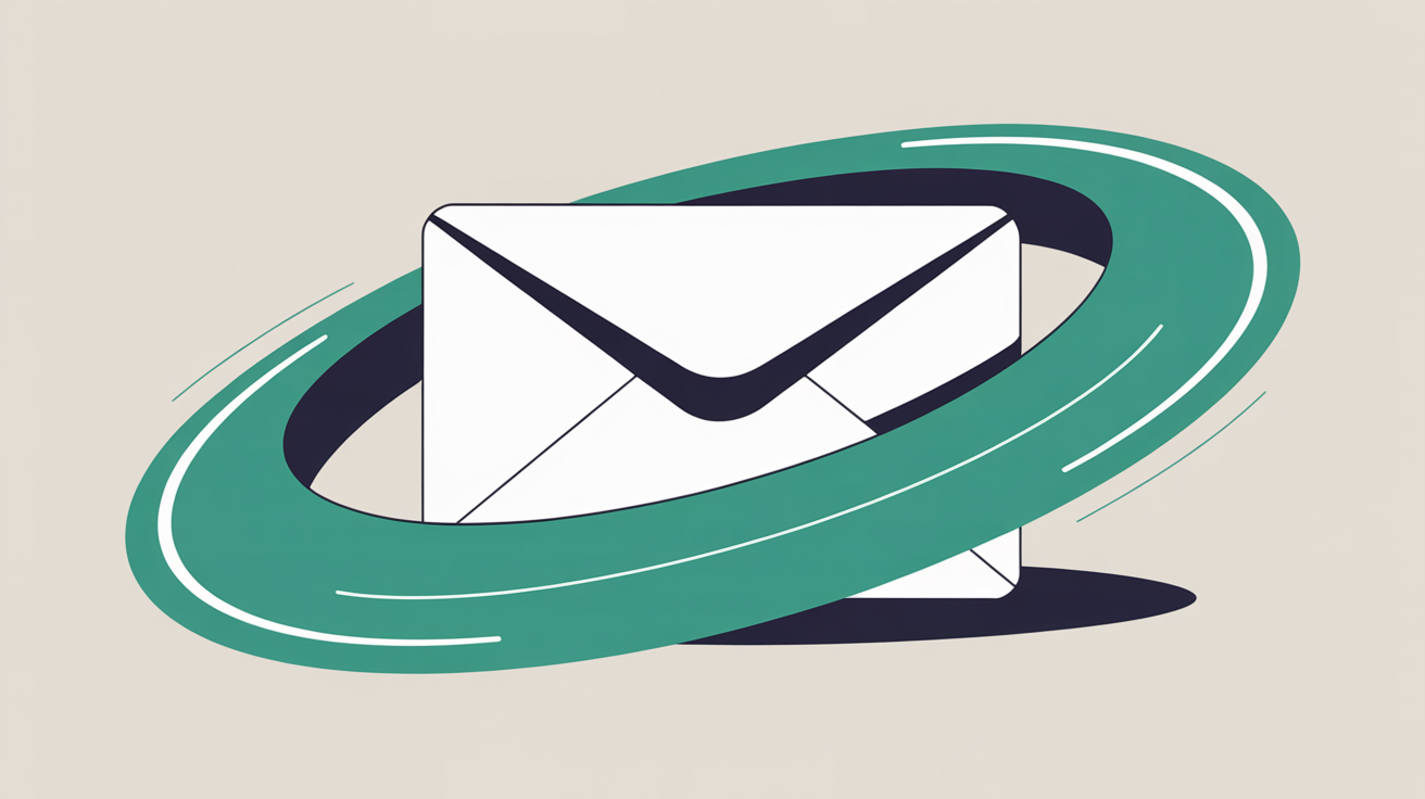 Flat illustration of a white envelope shape circled by a wide teal orbit ring on a warm grey background