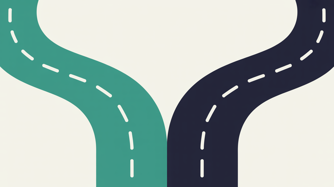 Flat illustration of two winding roads with dashed centre lines splitting apart, one teal and one deep navy, on an off-white background