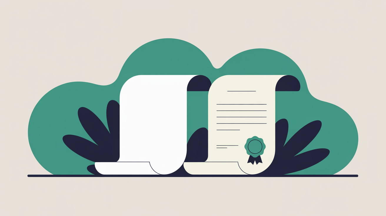 Flat illustration of two rolled document shapes side by side on a warm grey background, one plain and one carrying a small teal seal