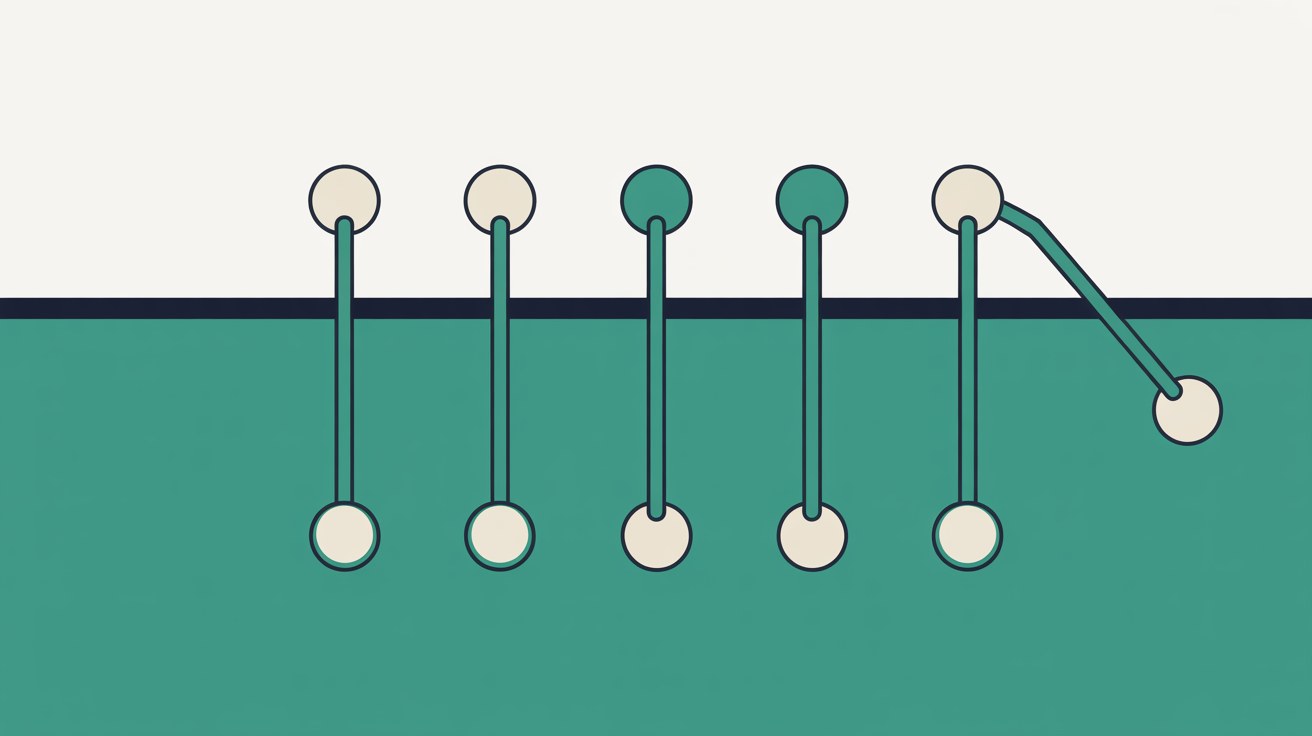 Abstract illustration of five connected nodes in a row with one node detached and drifting away from the group