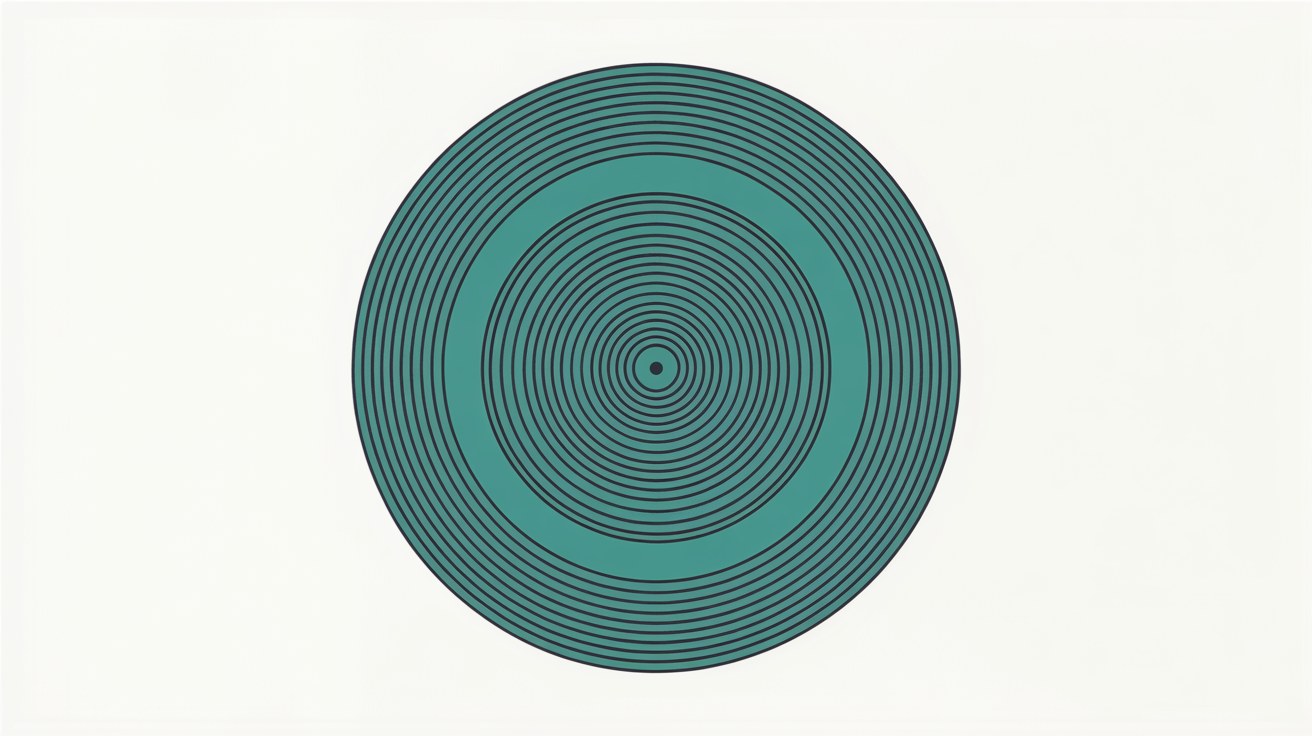 Abstract illustration of concentric rings layered like the growth rings of a tree in teal on a warm grey background