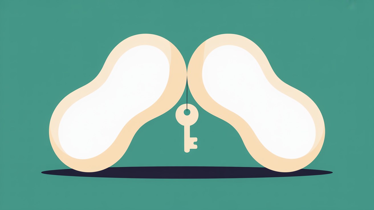 Flat abstract illustration of two rounded shapes leaning towards each other with a small key suspended in the gap between them, in teal and warm cream