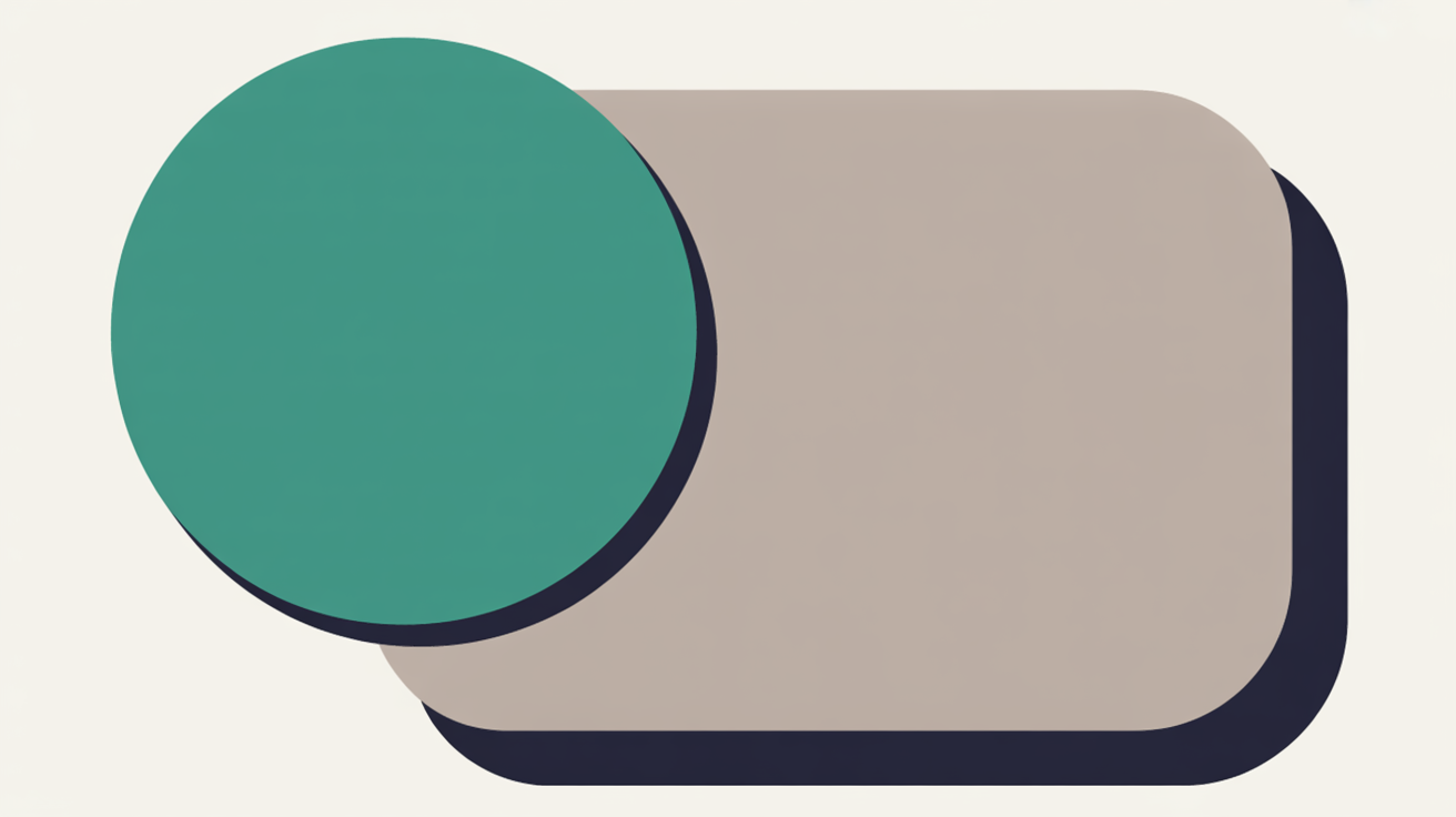 Flat abstract illustration of a large teal circle overlapping a plain rounded panel on a warm stone grey background