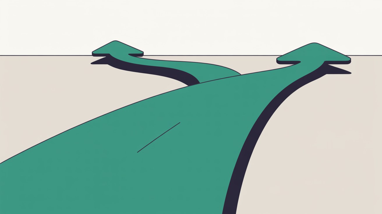 Flat illustration of a broad teal road that splits into two separate arrows heading off in different directions across a warm stone grey plain