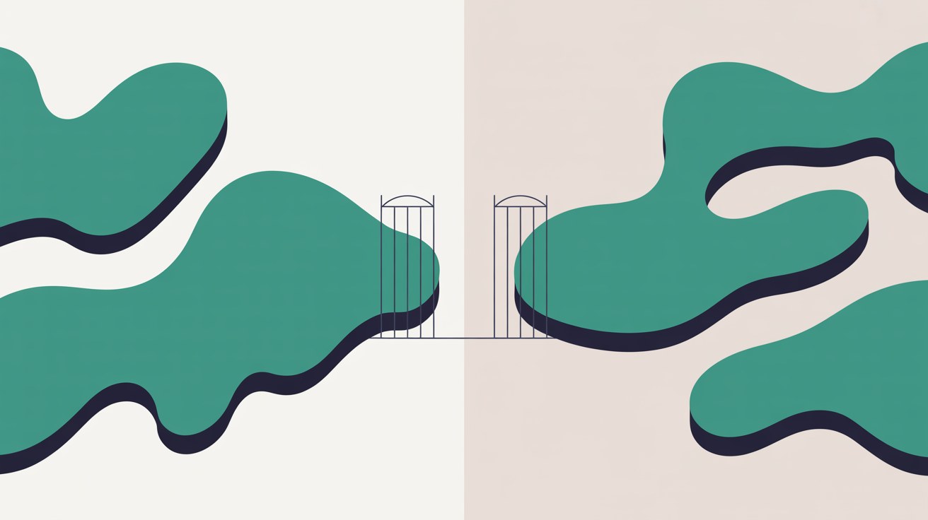Flat illustration of two panels of teal organic shapes on a warm stone grey background, with a narrow open gate in the divide between them