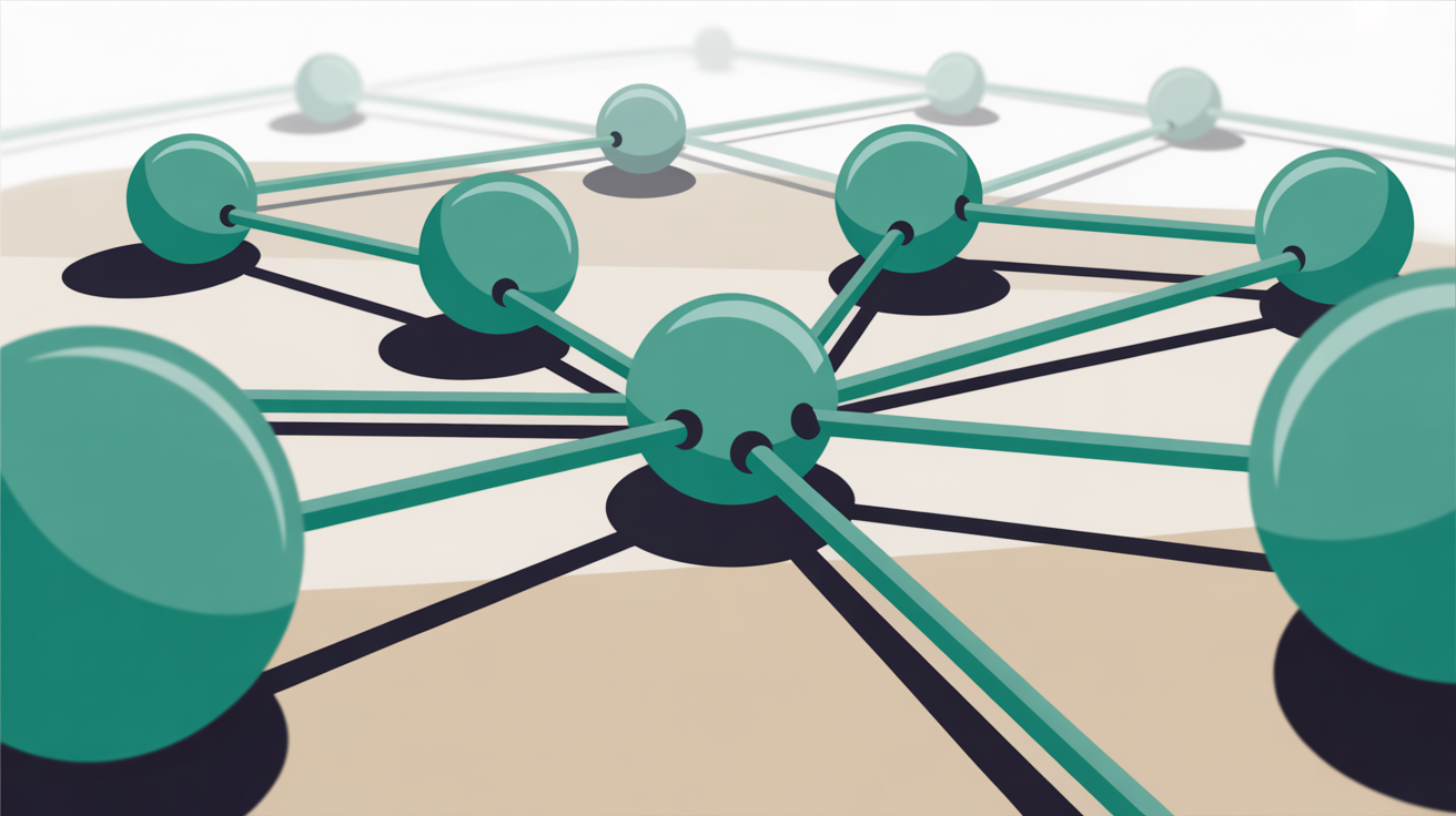 Abstract network illustration showing a single central node collecting data while scattered outer nodes drift away and fade