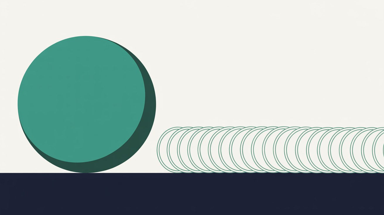 One large solid circle beside a long row of faint identical outlined circles, illustrating substance versus repetition