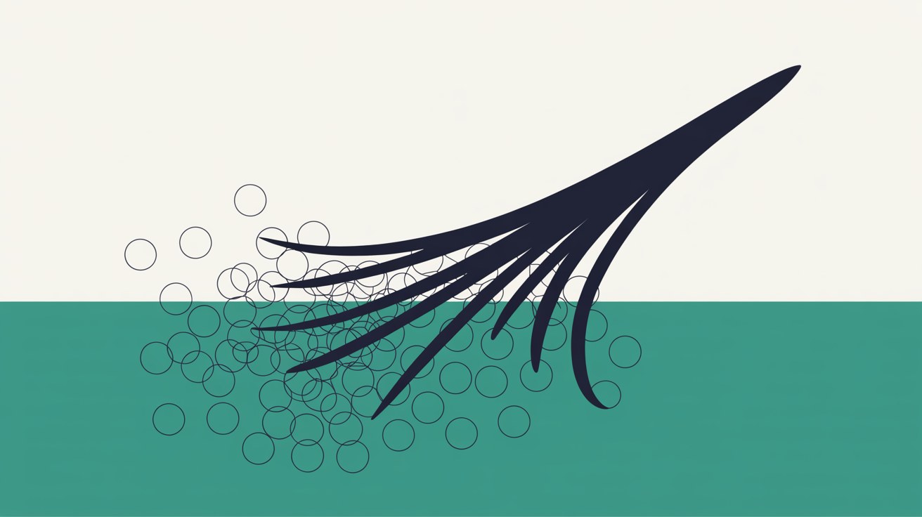 Flat abstract illustration of many faint scattered circles converging into a single strong upward curve, in teal and warm grey
