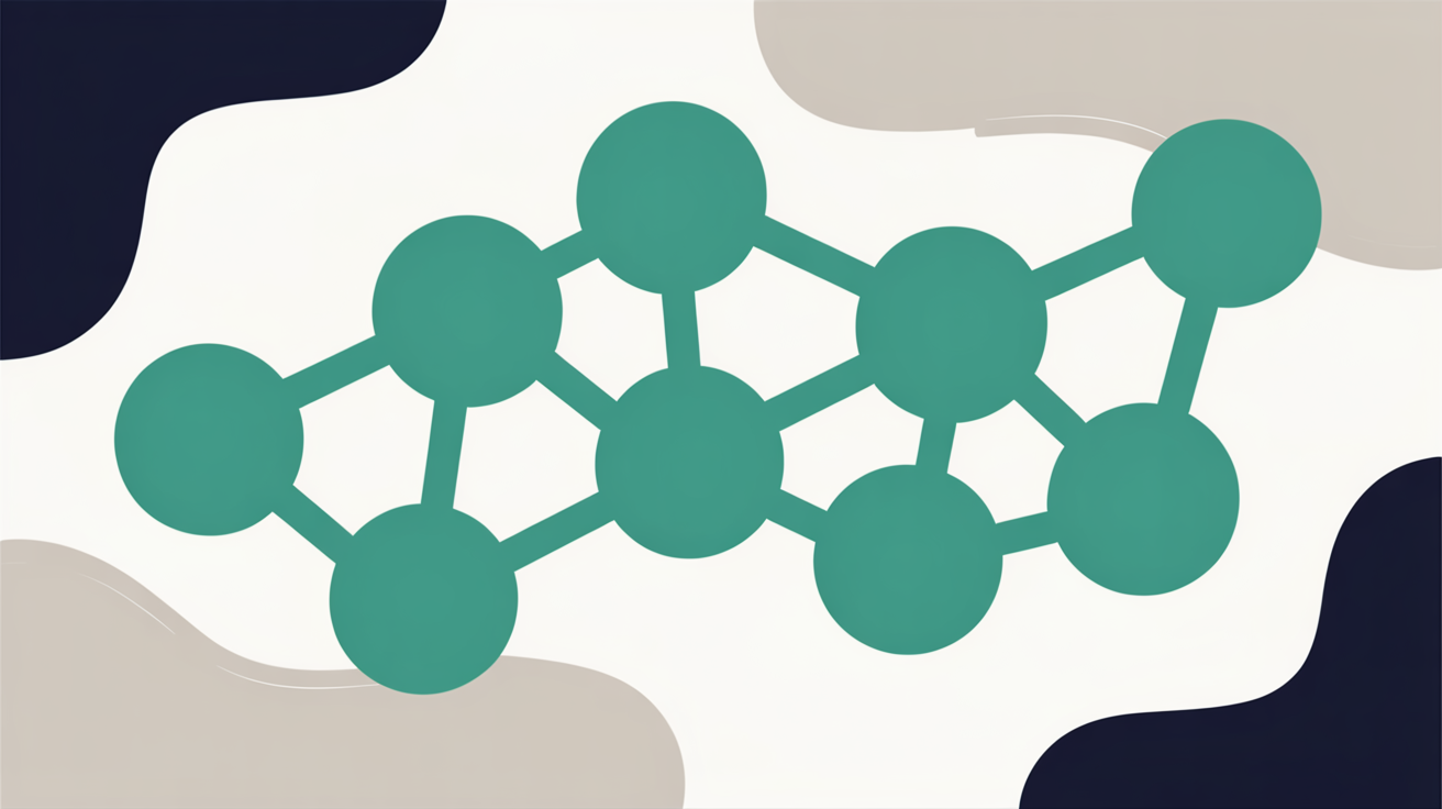 Evenly spaced teal nodes connected by clean lines on a warm grey background, each node sitting in its own calm space