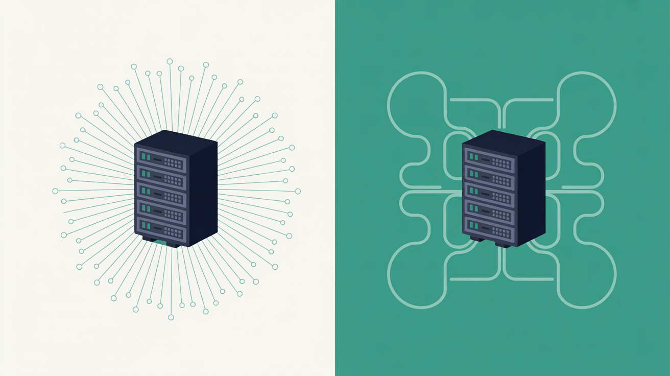 Flat illustration showing a single server with many competing connections versus a dedicated optimised environment