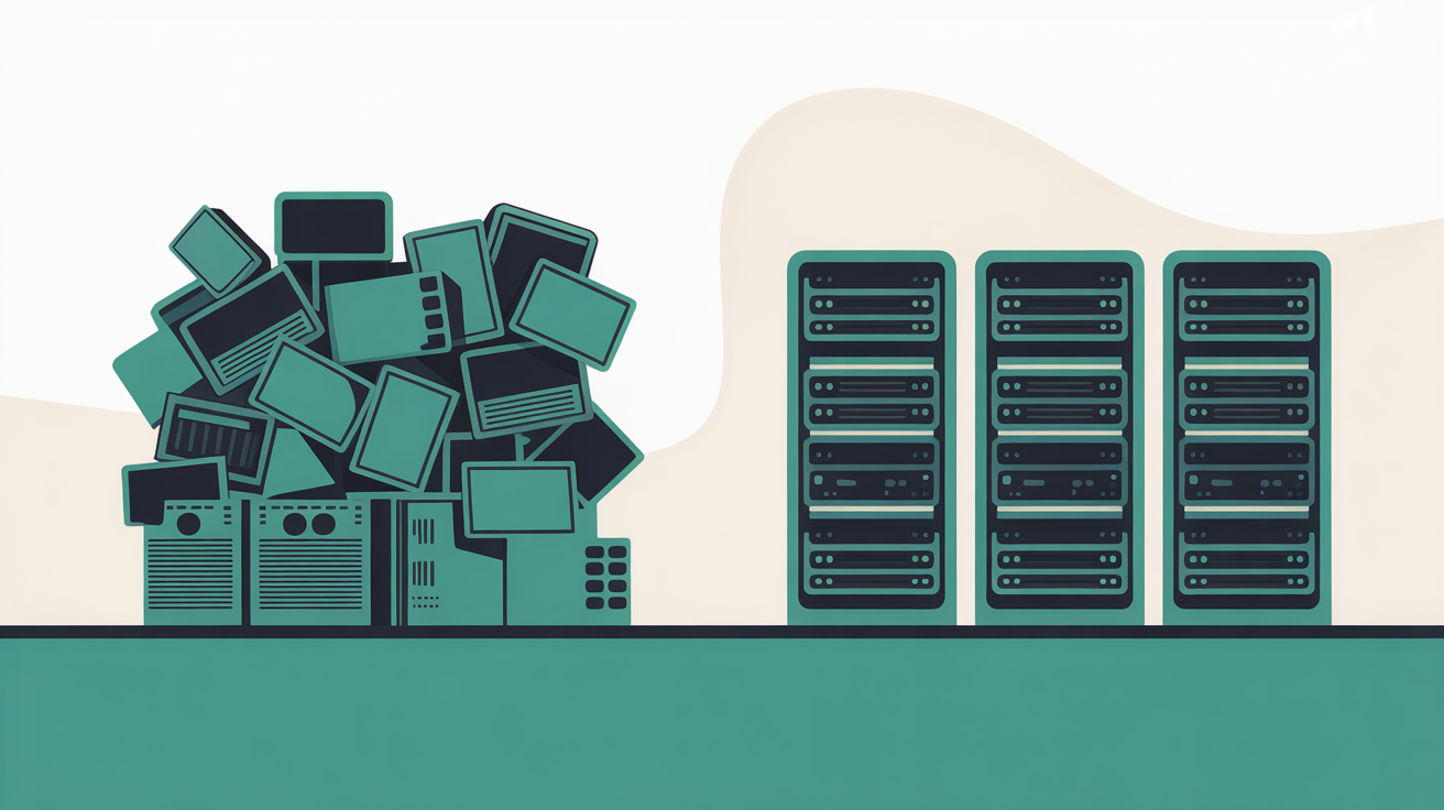 Abstract illustration of two contrasting server environments, one cluttered and one streamlined, in teal and warm grey tones