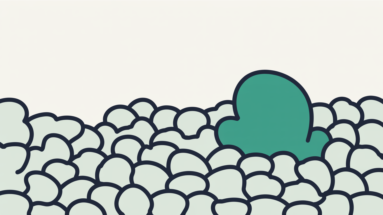 Flat illustration of a scattered field of small pale outlined shapes with a single solid teal shape among them