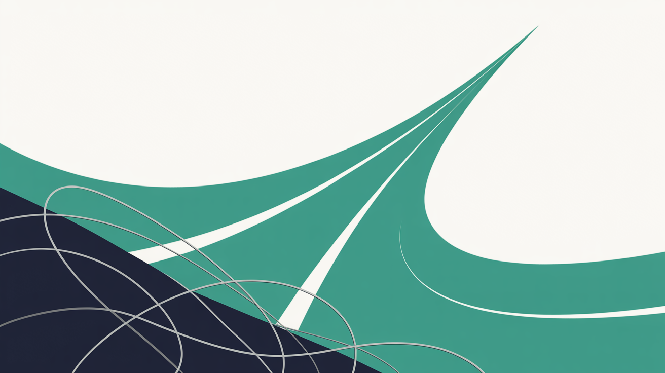 Flat illustration of smooth teal lines sweeping upward and away from a low tangle of looping grey threads