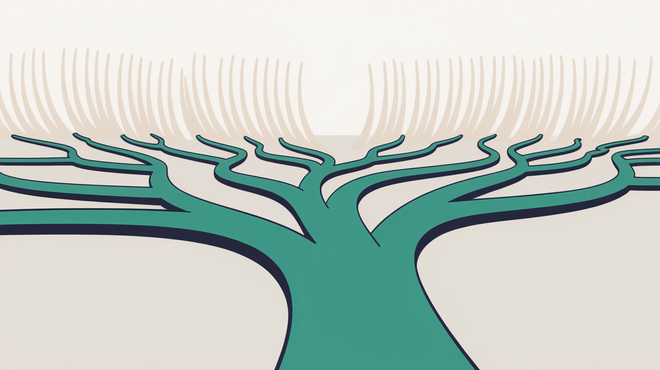 Flat illustration of one thick teal line branching repeatedly into dozens of thin pale offshoots that fade out into empty space