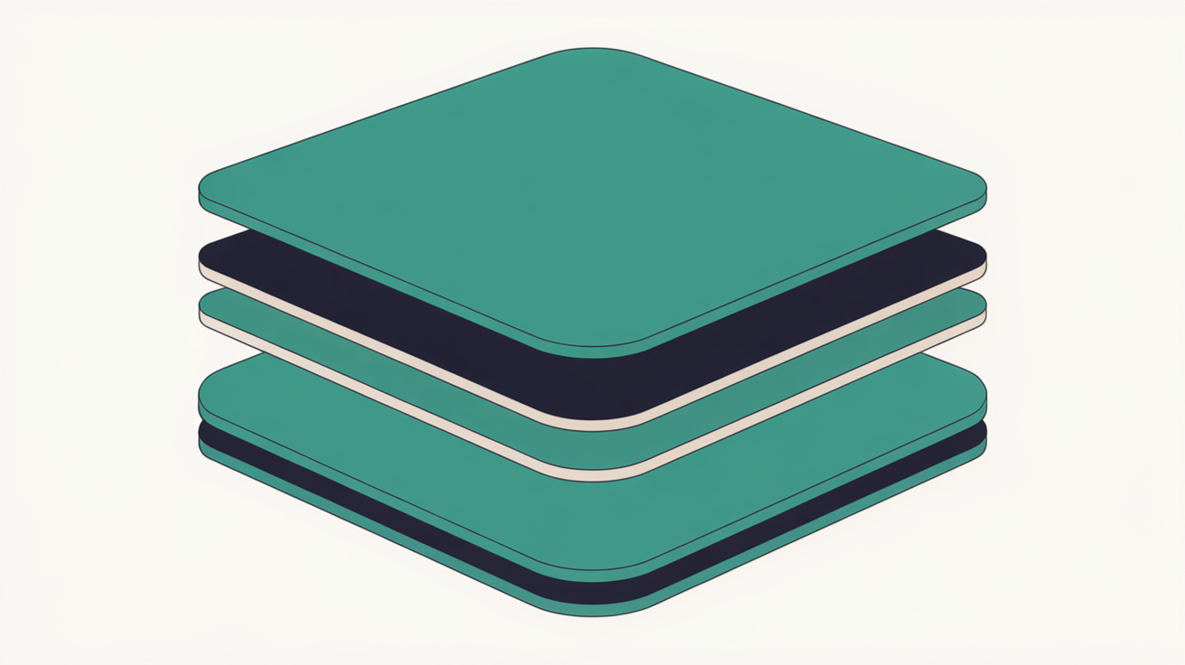 Abstract layered shapes suggesting platform structure and cost layers, teal and warm grey flat illustration