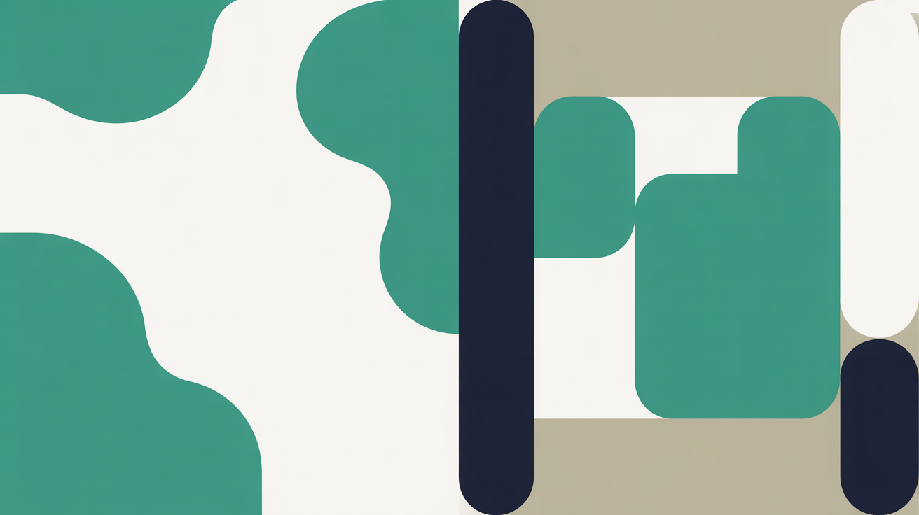 Two contrasting abstract zones separated by a clean diagonal line, teal accent shapes on warm stone grey background suggesting a platform choice decision