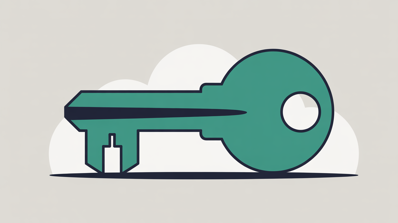 Abstract teal key shape placed next to a simple geometric building outline on a warm stone grey background, suggesting ownership of the physical space rather than a lease