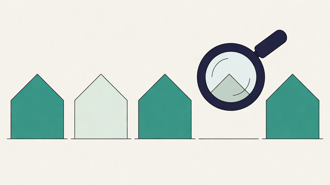 Flat illustration of a row of teal house shapes with one pale house and one gap examined under a navy magnifying glass, on a warm off-white background