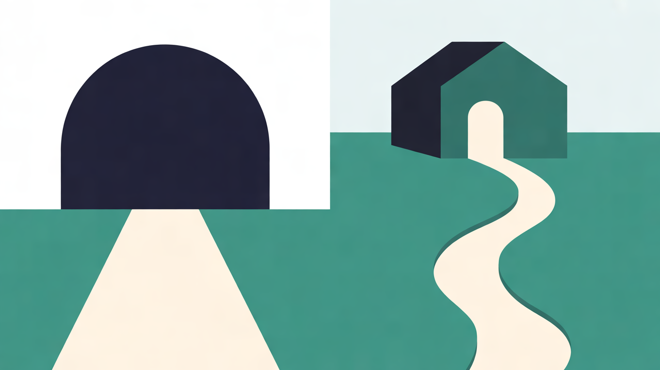 Flat illustration of a wide pale path running into a navy arch on the left and a narrow winding path leading to a house doorway on the right, on teal ground