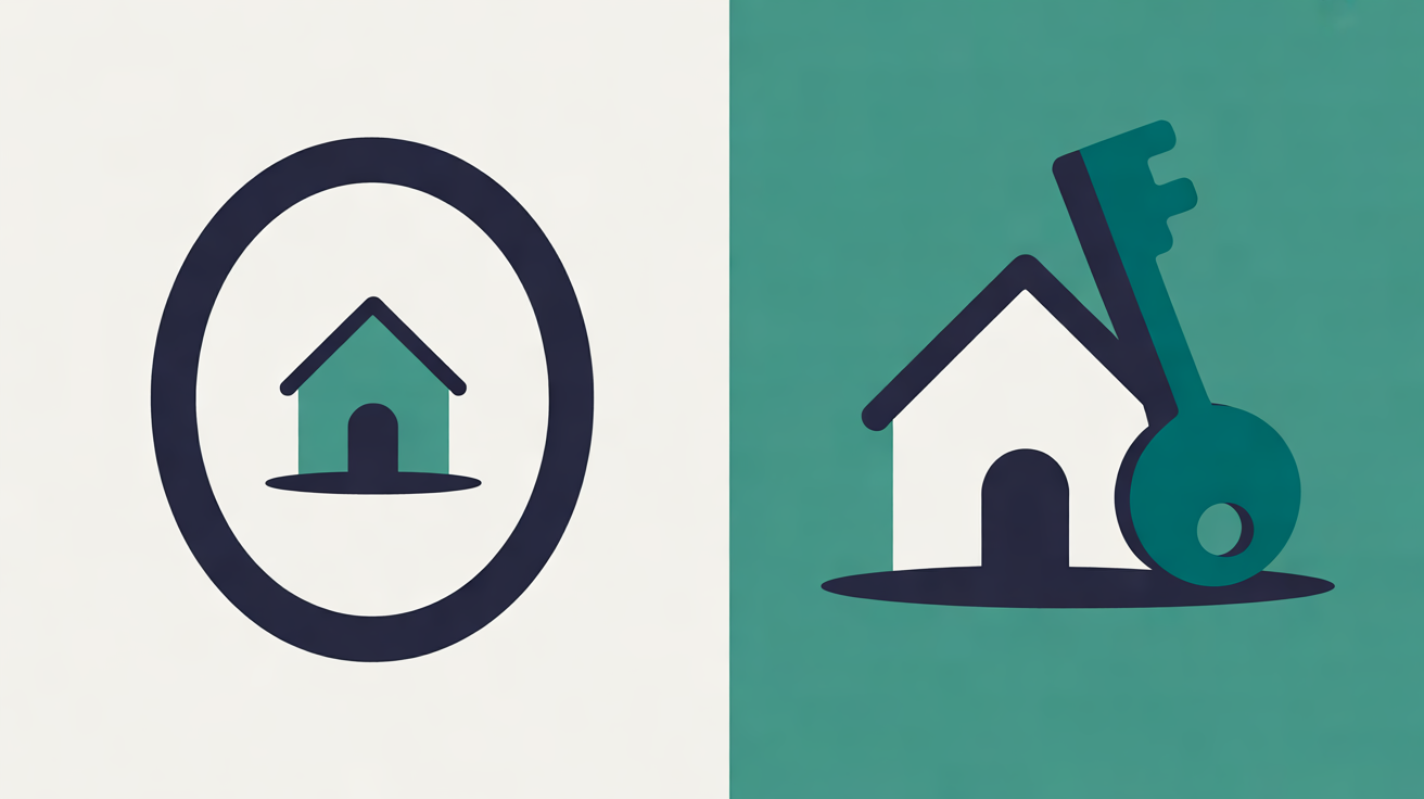Flat illustration of a small teal house enclosed by a navy oval on an off-white panel, beside a larger white house with a teal key on a teal panel