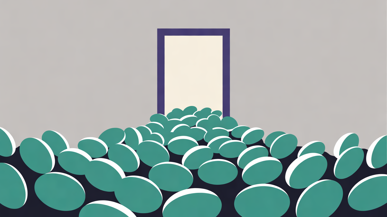 Flat illustration of a crowd of rounded teal shapes pressing towards one narrow doorway outlined in navy on a warm grey background