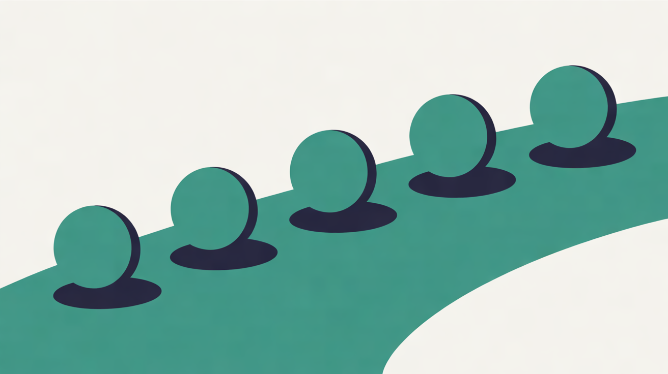 Flat illustration of five teal spheres spaced evenly along a curving teal path that rises across an off-white background