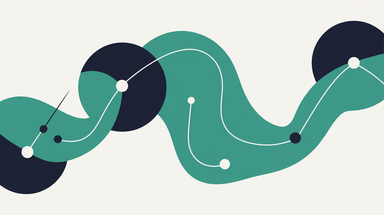 Flat illustration of abstract geometric shapes with flowing teal lines suggesting diagnostic measurement on a warm grey background