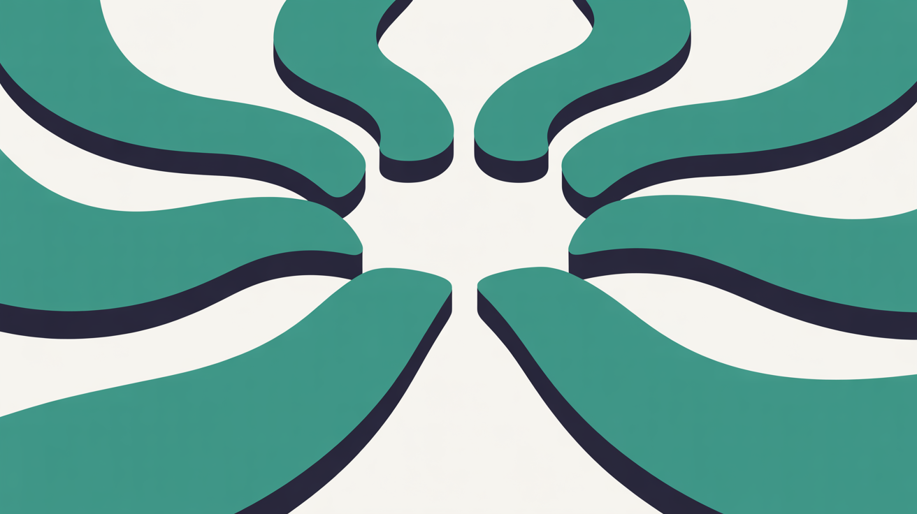 Flat illustration of teal pathways flowing from several directions into one central open shape on a warm grey background, suggesting visitors arriving at a single destination