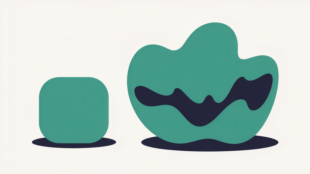 Flat abstract illustration of a small enclosed square shape beside a larger open flowing teal form on a warm grey background, the open form more prominent