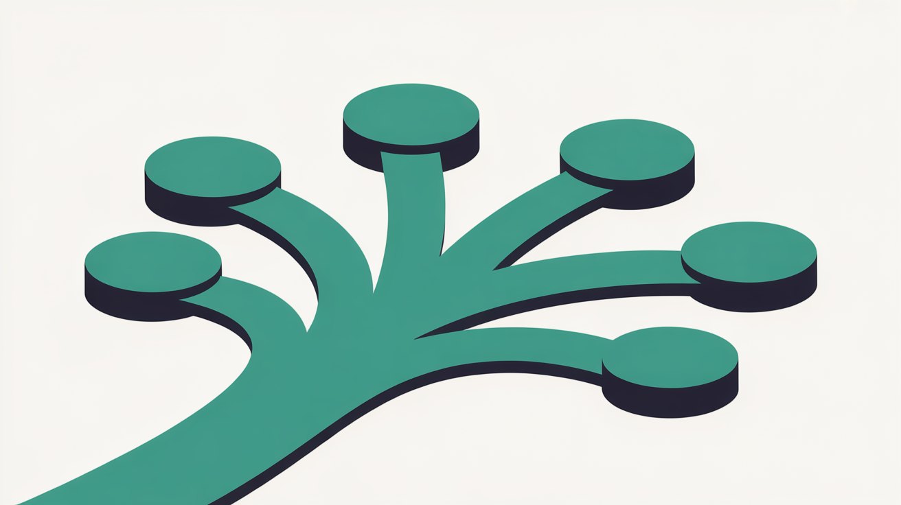Flat illustration of a single curved path branching into several shorter paths that each end in a rounded panel, in teal on a warm stone-grey background