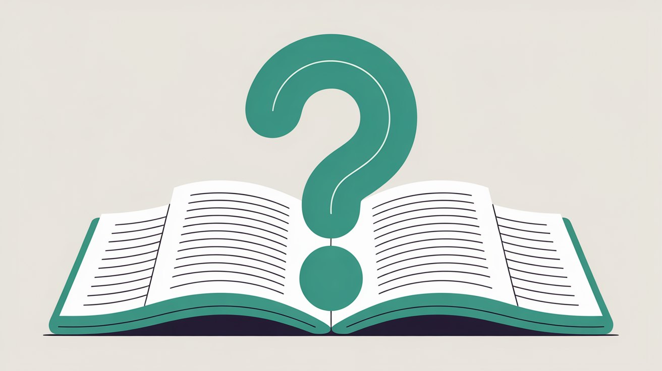 Warm flat illustration of a single question-mark shape unfolding into neat rows of rounded text lines, in teal on a warm stone-grey background