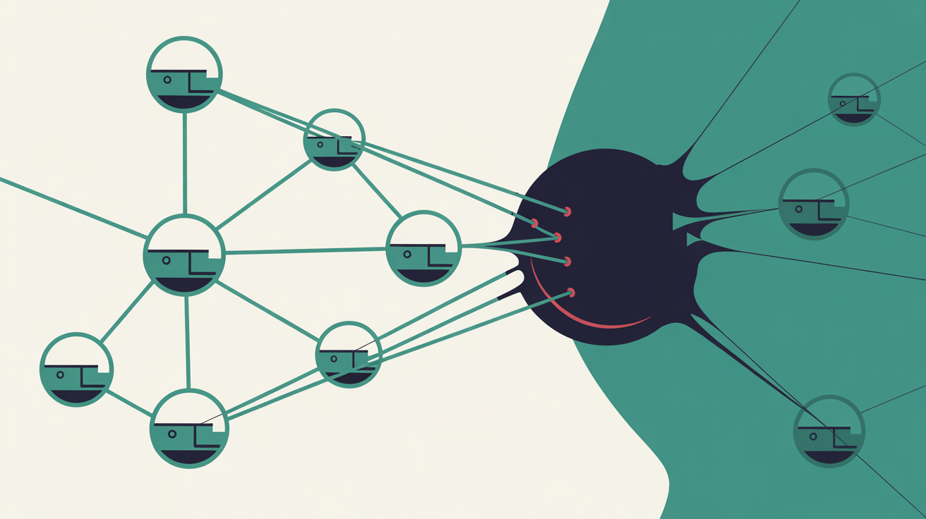 Flat illustration of interconnected website nodes with one compromised node spreading outward to connected visitors
