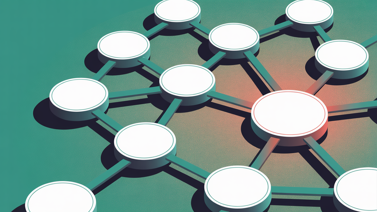Abstract network of connected nodes with one node highlighted in red, representing a compromised website in a chain of trusted sites