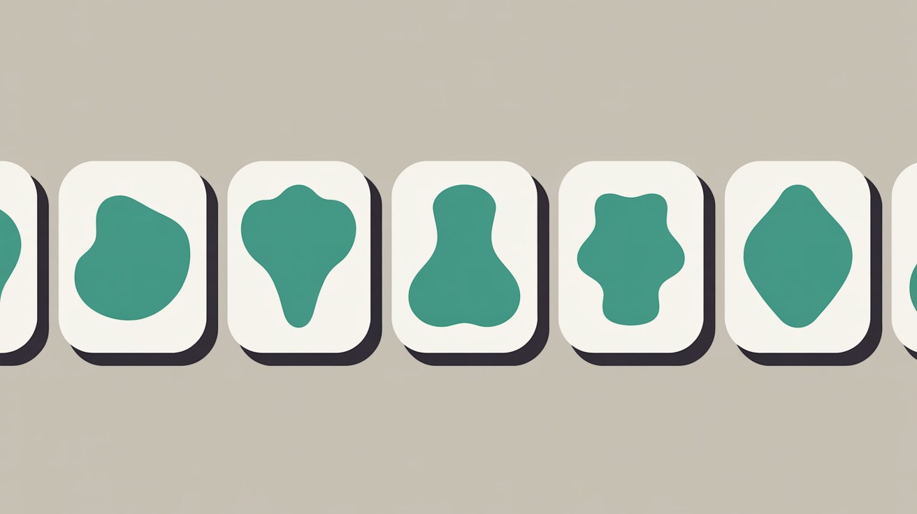 Abstract flat illustration of several distinct teal shapes each on its own card across a warm stone grey field, no two alike