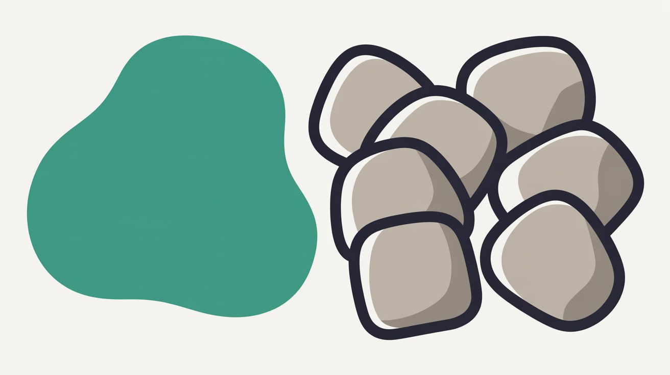 Flat illustration of one smooth teal shape beside a cluster of outlined grey shapes, each a different outline