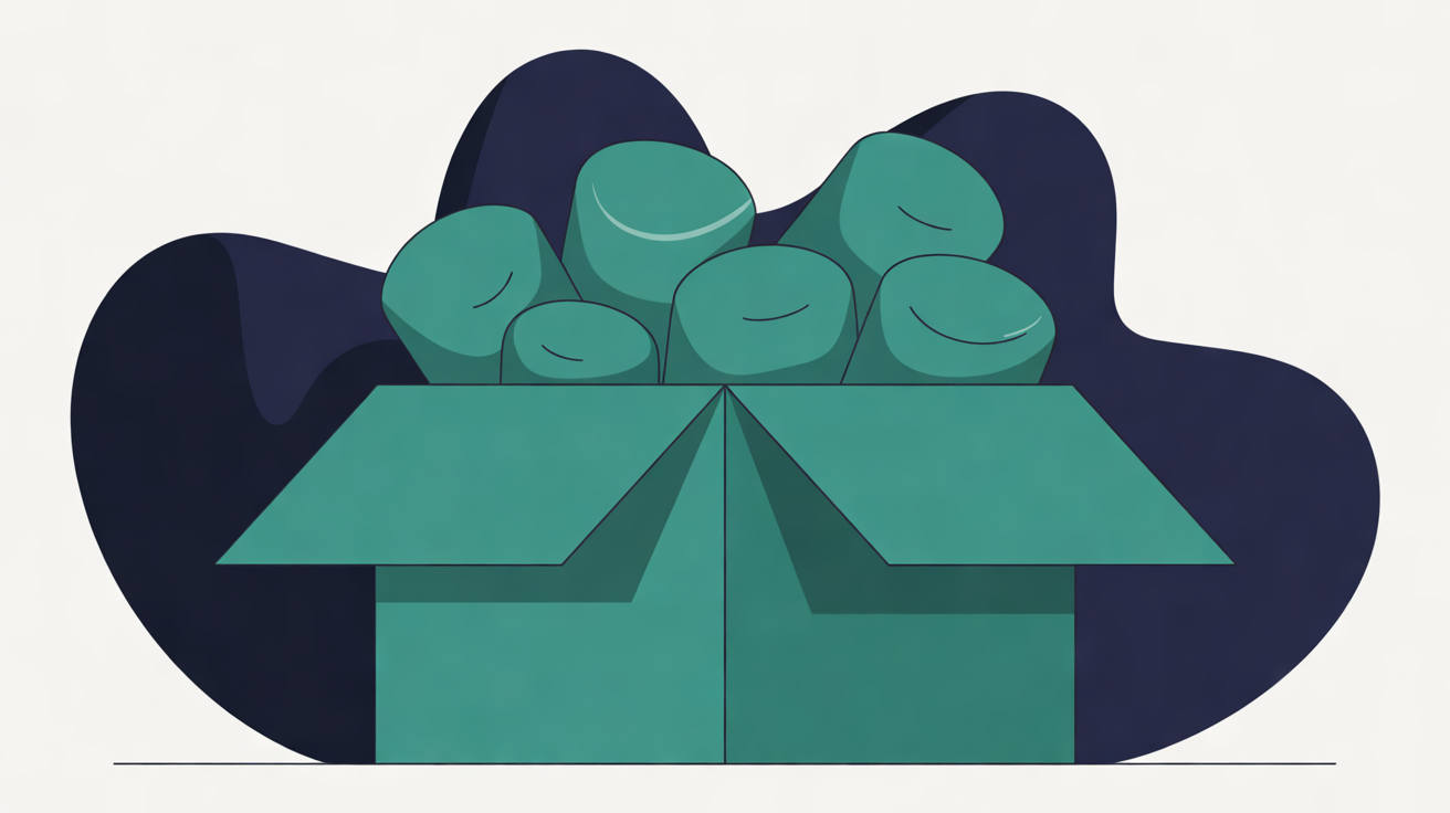 Flat illustration of an open teal moving box packed with rounded teal shapes against a navy backdrop on warm grey