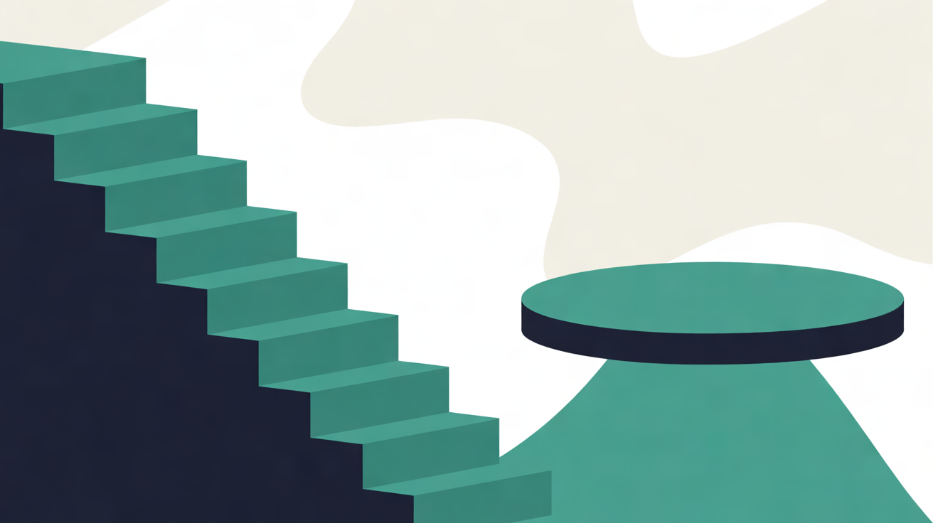 Flat illustration on warm grey of a long teal and navy staircase on one side and a calm, level teal platform on the other