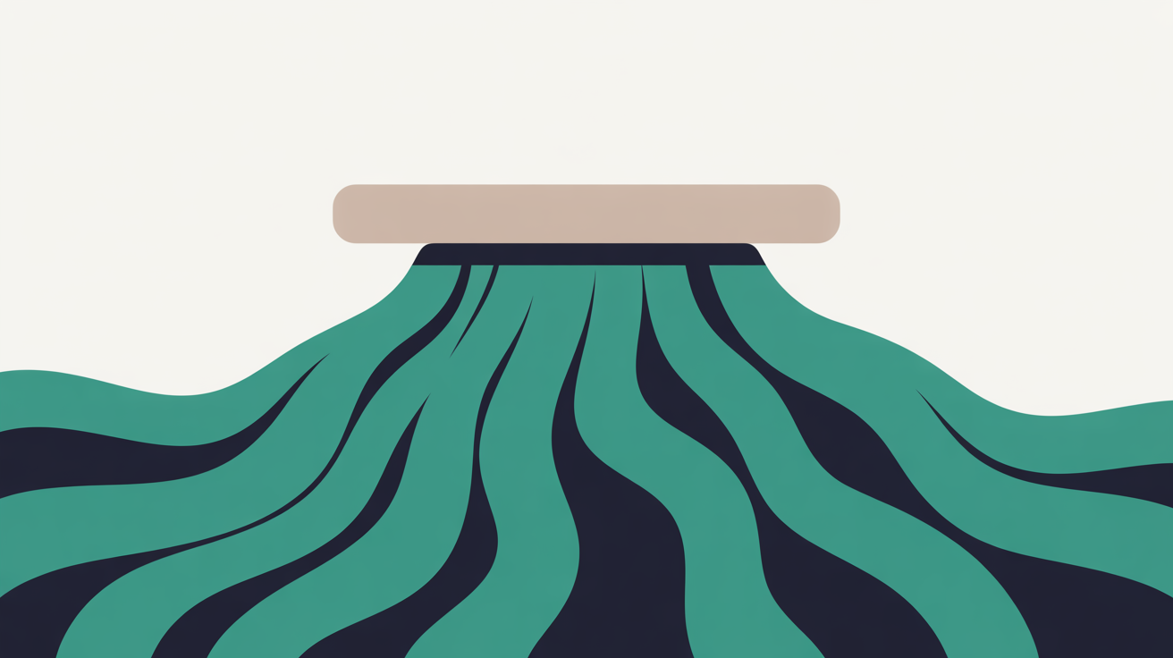 Abstract flat illustration of upward-flowing teal lines meeting a solid horizontal boundary on warm grey background