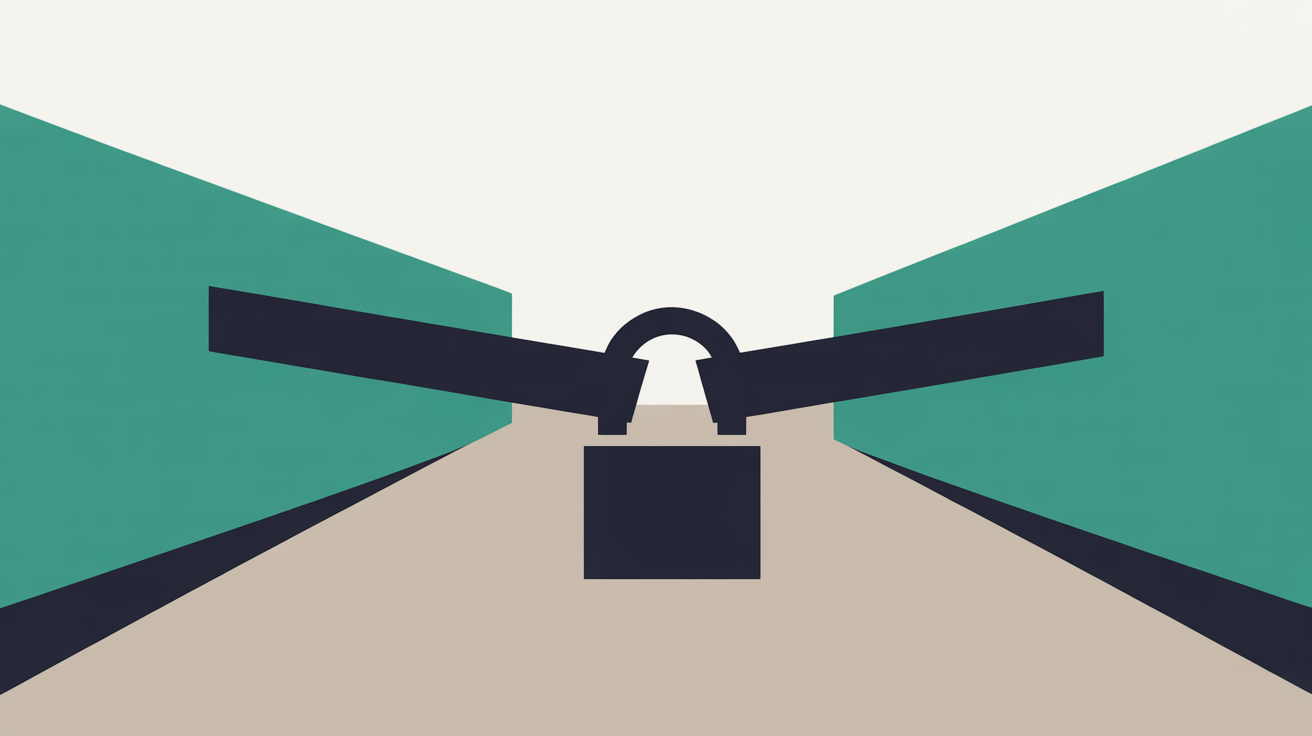 Abstract geometric flat illustration suggesting a closed pathway with teal accents on warm stone grey background