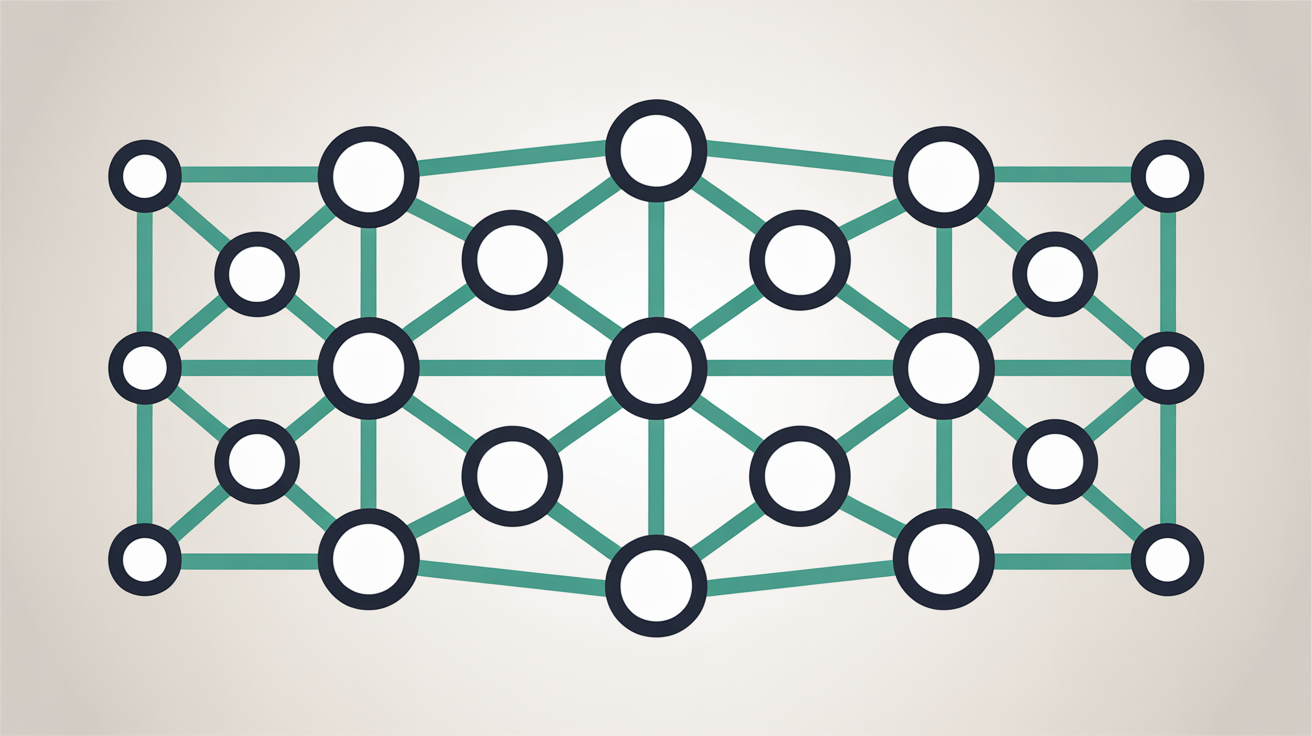 Flat illustration of interconnected nodes forming an expanding open network on warm grey background