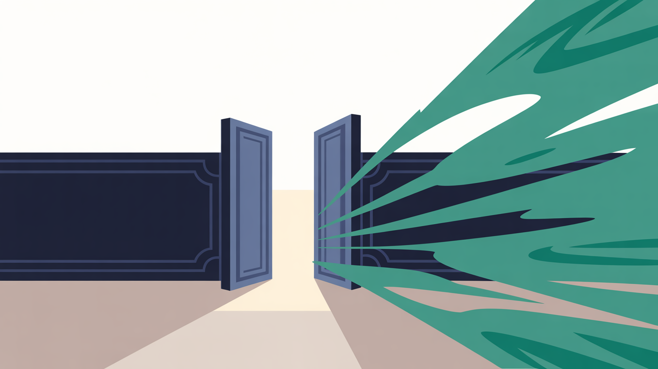 Abstract flat illustration showing an open gateway beside a walled enclosure, representing platform openness versus lock-in