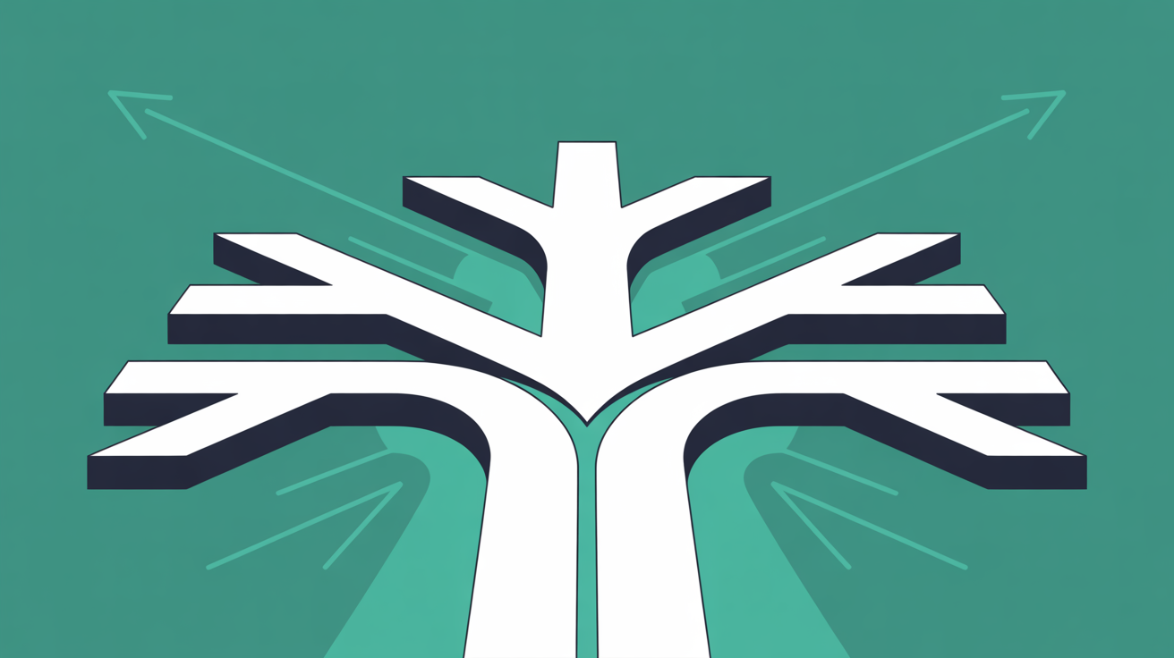 Abstract illustration of branching paths diverging from a single point, one narrow and contained, one expanding with multiple routes