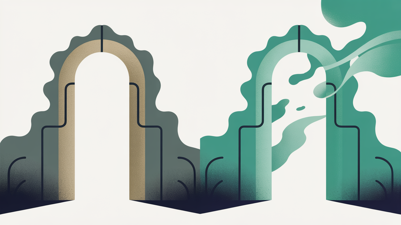 Open and closed gateway shapes in teal and warm stone, suggesting platform lock-in versus freedom of movement