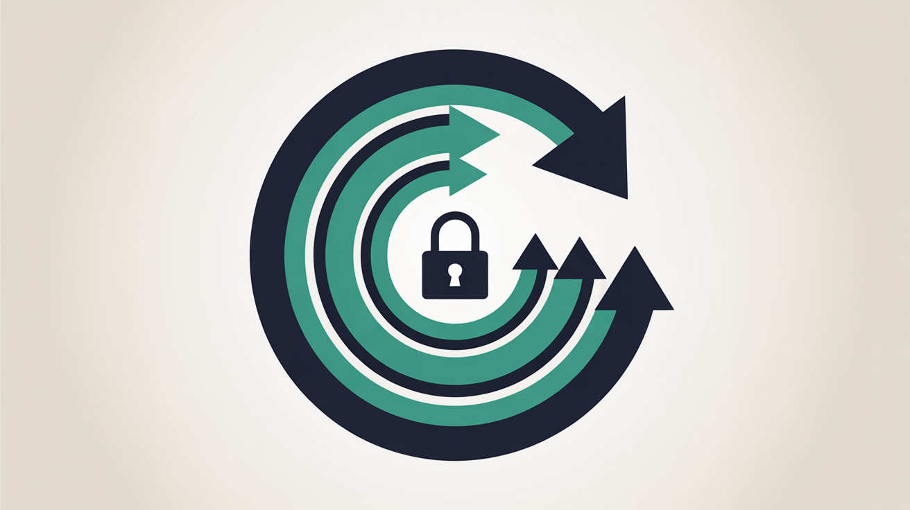Flat illustration of a short repeating cycle of arrows growing tighter and faster around a small lock shape, teal on warm grey