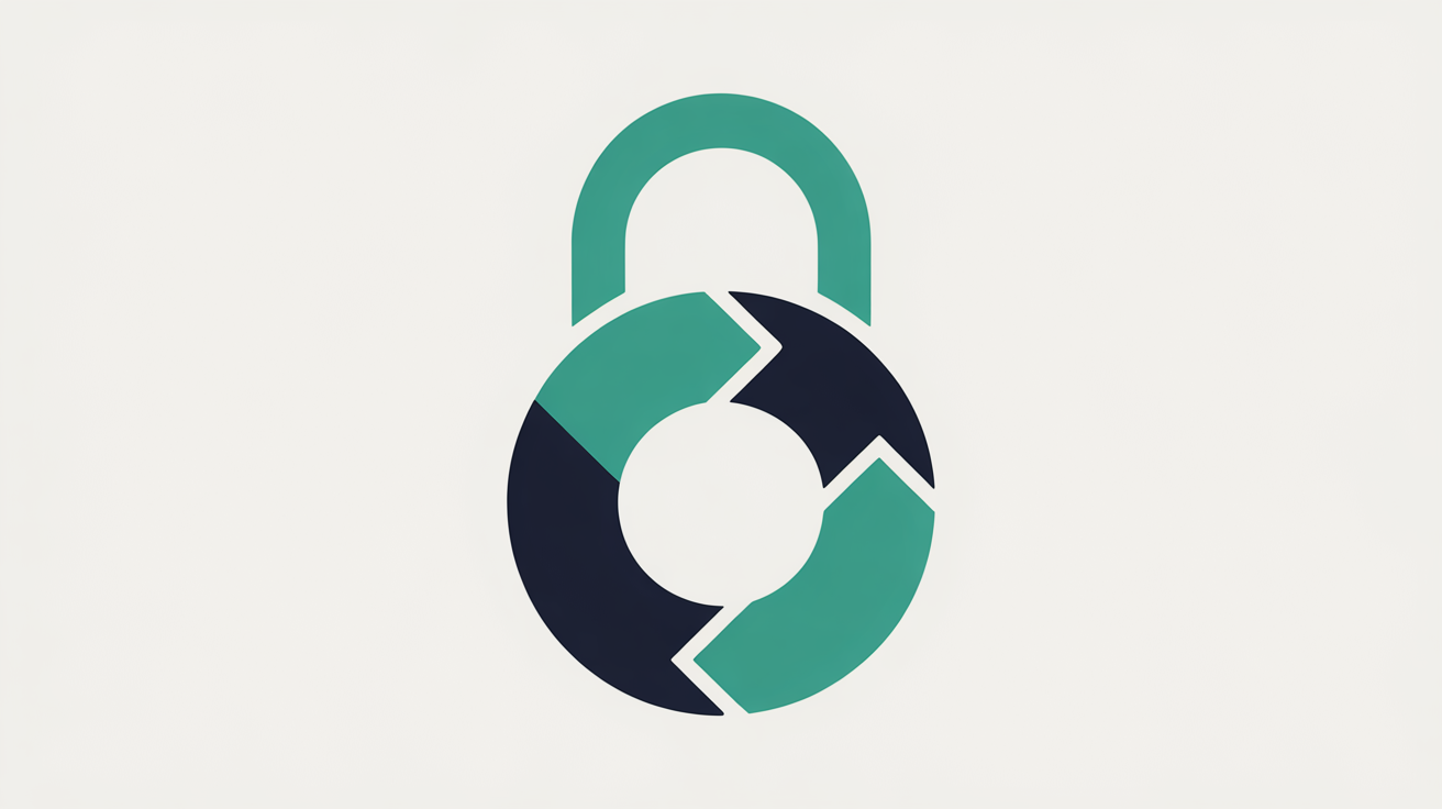 Flat abstract illustration of a padlock shape formed from a repeating circular renewal cycle in teal on a warm grey background