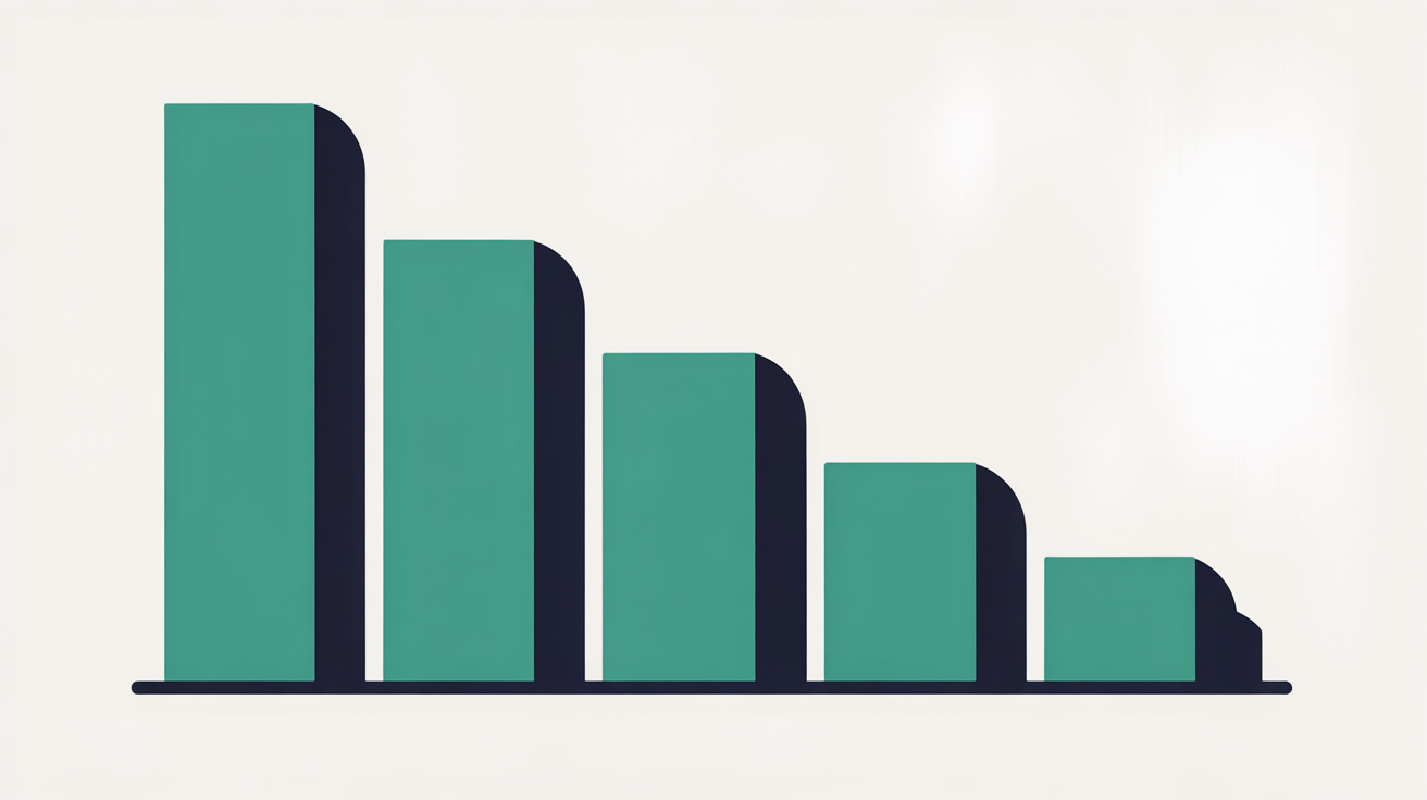 Abstract flat illustration of a row of vertical teal bars descending in height from left to right on a warm grey background, suggesting a value shrinking in stages