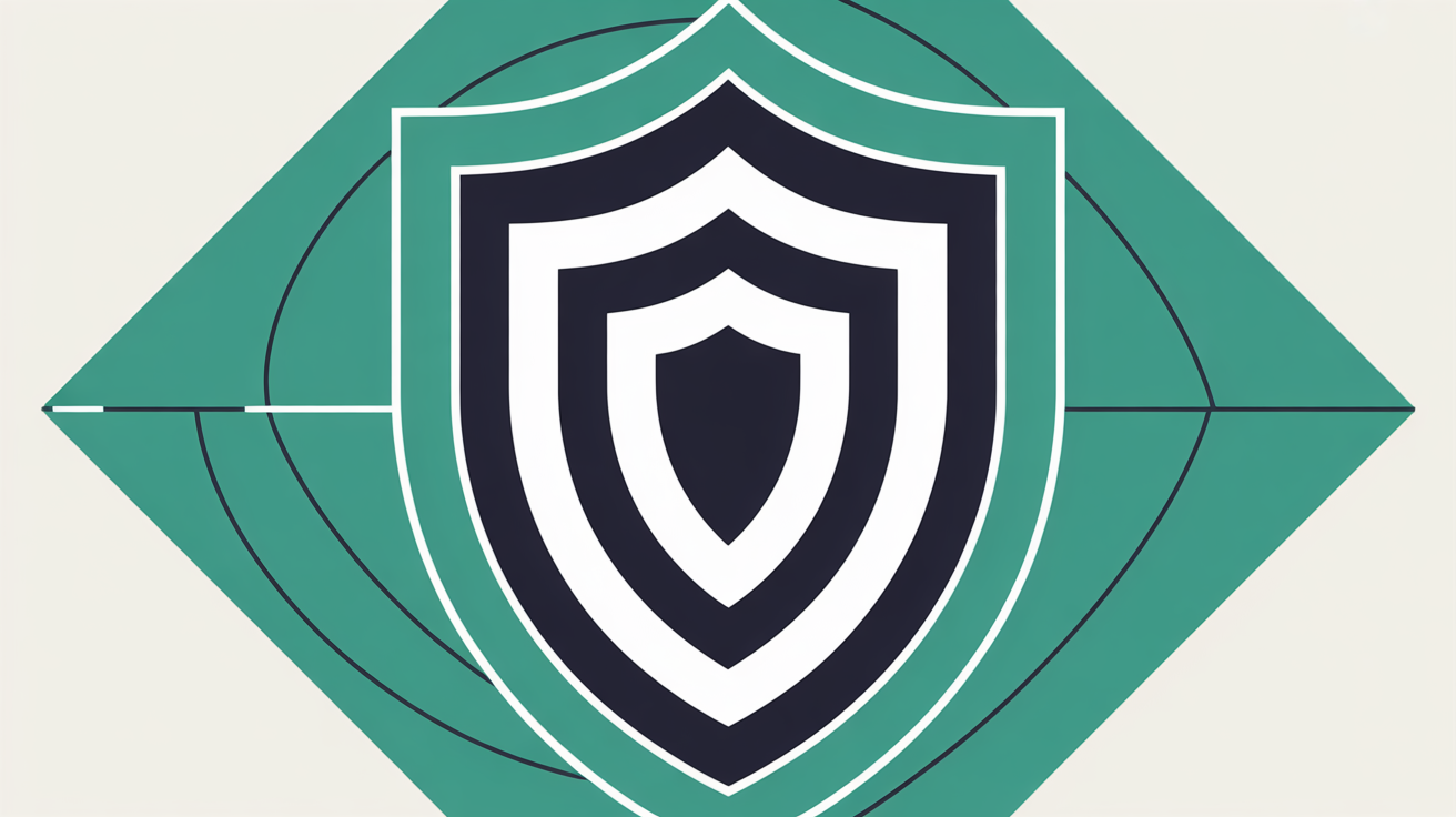 Abstract flat illustration of multiple concentric layered shield outlines in teal on warm stone grey background representing stacked security layers