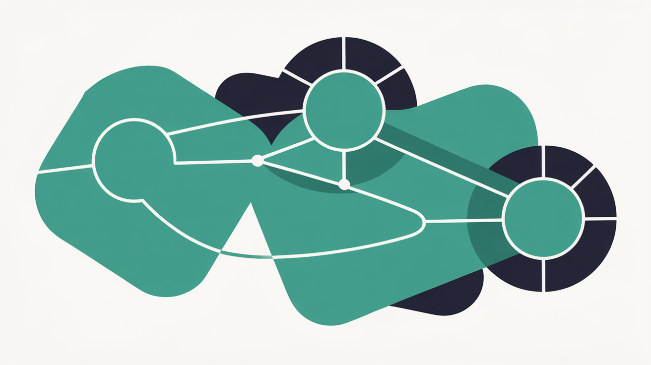 Abstract flat illustration of secure network topology with teal geometric nodes connected by clean lines and protective boundary shapes on warm stone grey background